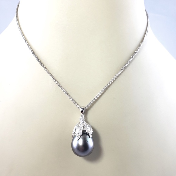 Vintage 18K White Gold Tahitian Pearl Diamond Pendant Necklace JAGi cert. #13701 - Picture 7 of 9